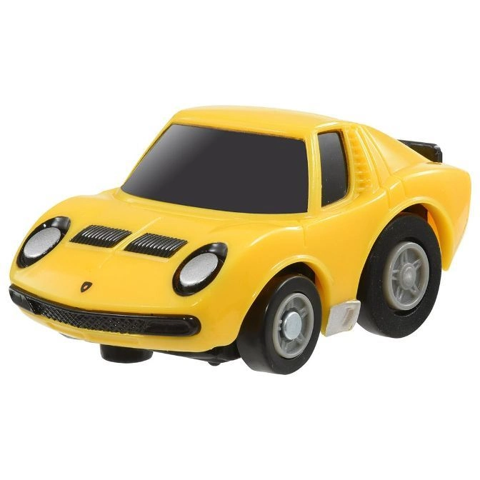 Yellow toy Lamborghini Miura with blacked-out windows and silver wheels.