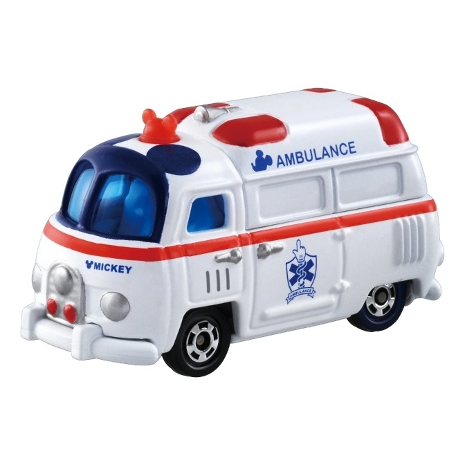 Mickey Mouse ambulance toy car, white with red and blue accents, featuring Mickey ears and medical symbols.