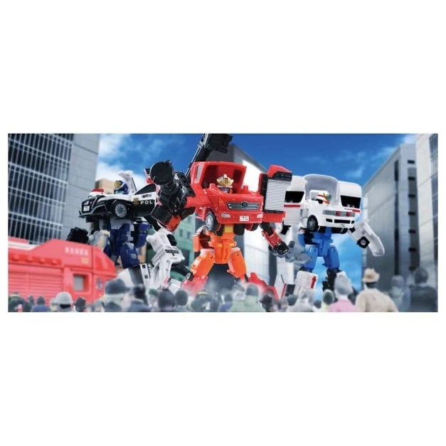  Three transforming robot toys stand in a city scene, resembling a police car, fire truck, and ambulance.