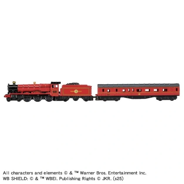  Red toy Hogwarts Express train with coal car and passenger car.