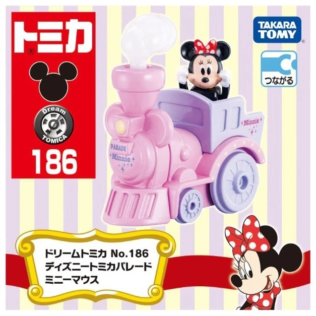  Pink Minnie Mouse Tomica train toy with Minnie figure, part of the Dream Tomica series.