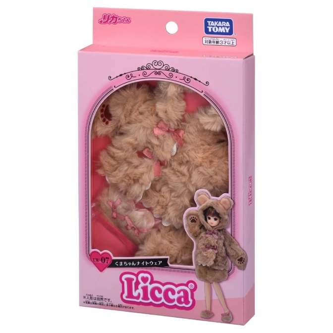Licca doll's bear-themed nightwear set in pink box, featuring a furry outfit with bows and bear-eared hood.