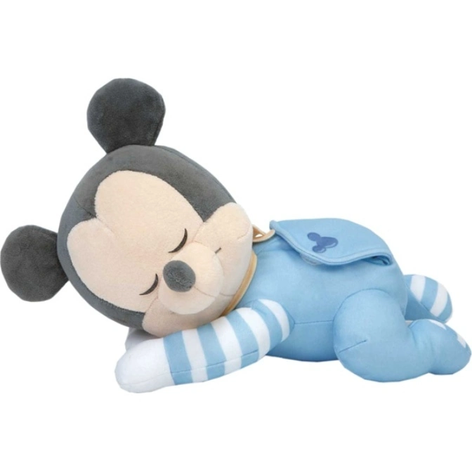 Sleeping Mickey Mouse plush toy in blue pajamas with stripes.