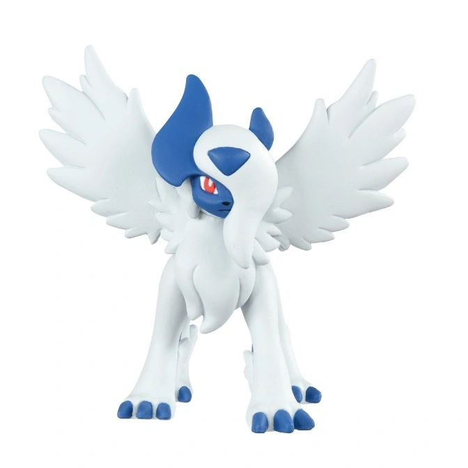  Absol figurine with white fur, blue accents, and wing-like extensions.