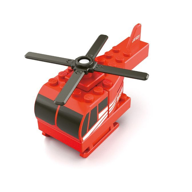 Red toy helicopter made of building blocks with black rotor blades and window details.