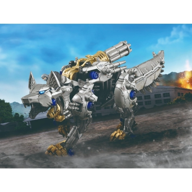  Silver wolf Zoid toy with gold accents and a large cannon on its back, standing on a gray surface.