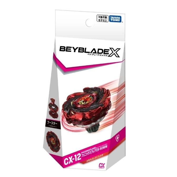  Beyblade X CX-12 Phoenix Flare Z9-80WW booster pack with a red and black Beyblade toy.