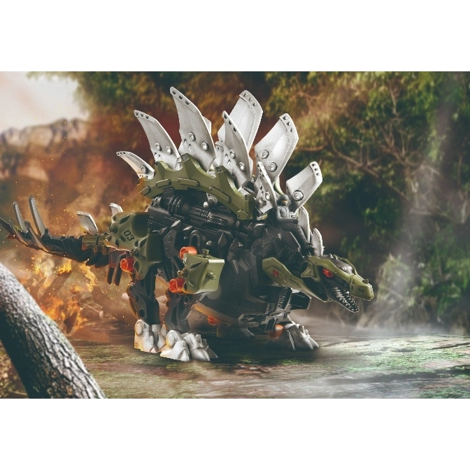  Stegosaurus-shaped Zoid toy with silver plates, green armor, and orange details in a forest setting.