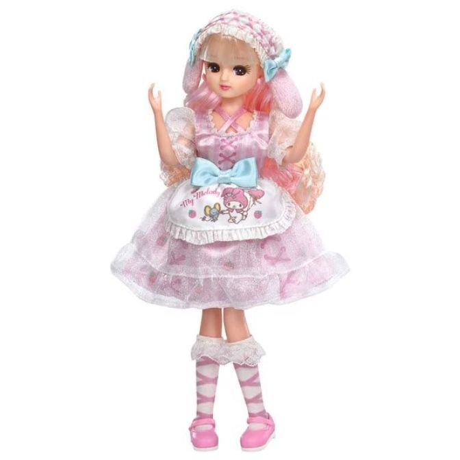  My Melody doll with pink hair, wearing a pink dress and bonnet.