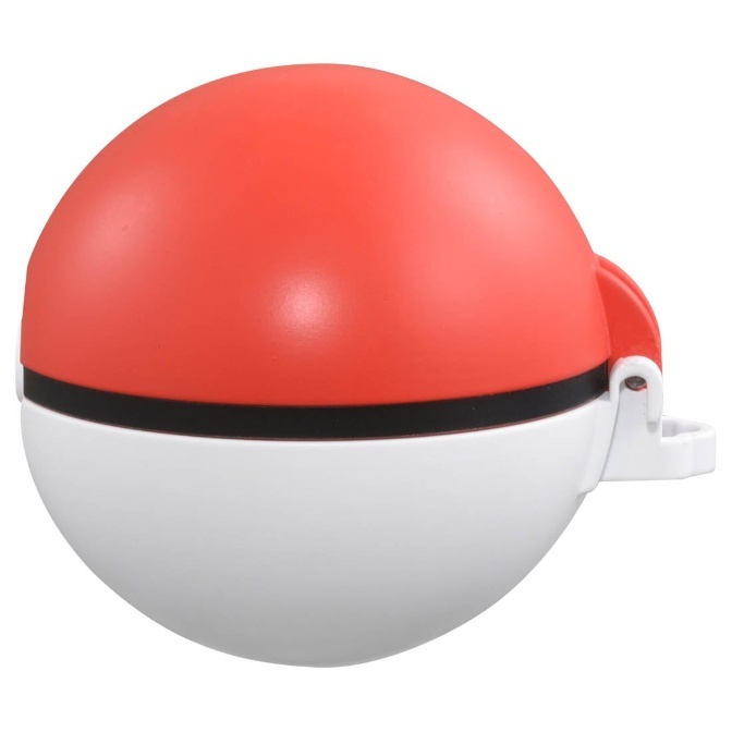 Red and white Poké Ball toy with a black stripe and a white button.
