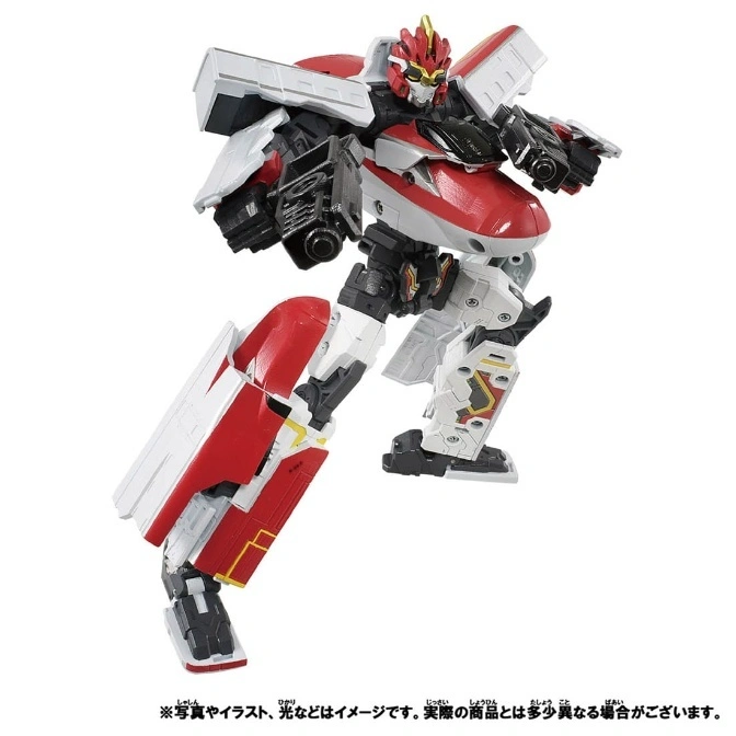  Red and white transforming robot toy with train parts, standing in a dynamic pose.