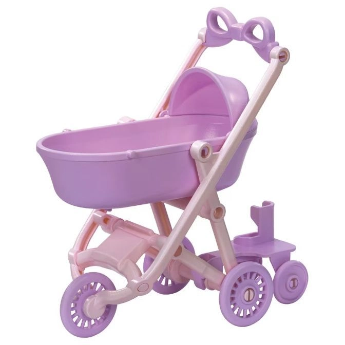  Purple toy baby stroller with a bow on the handle and four wheels.