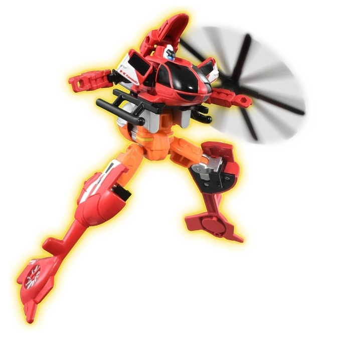 Red and orange helicopter transformer toy with spinning rotor blades.