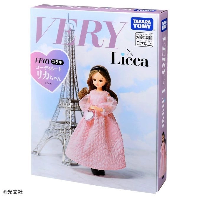  Licca doll in pink dress, Eiffel Tower backdrop. Takara Tomy Very collab. Ages 3+.