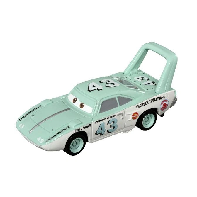 Light green toy car with racing decals and number 43, resembling a character from the movie Cars.