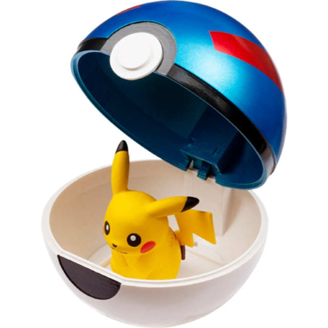  Pikachu toy inside a blue and white Poké Ball, with the top half open.