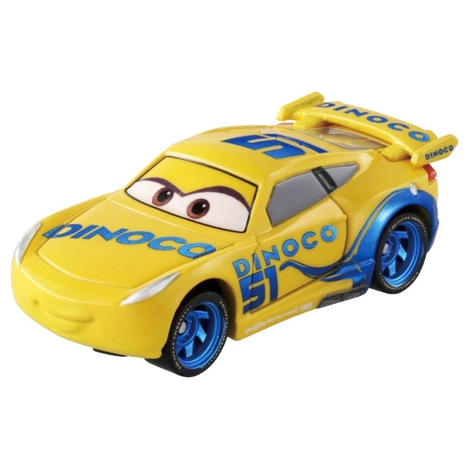 Yellow Dinoco Cruz Ramirez toy car with blue accents and the number 51.