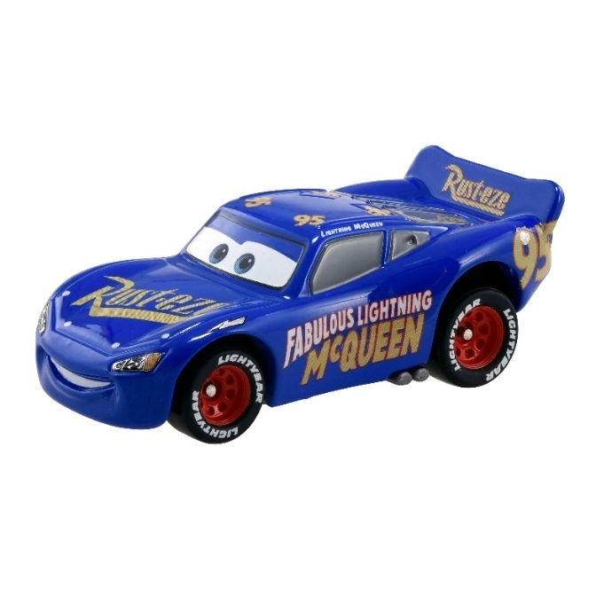Blue Lightning McQueen toy car with Rust-eze and Fabulous Lightning McQueen decals.