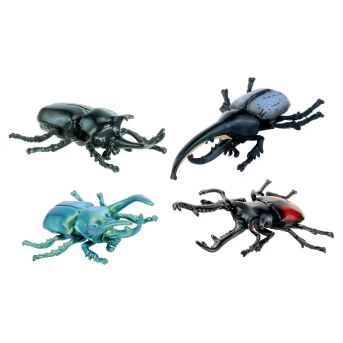  Four toy beetles: black, blue, black with grey, and black with red.