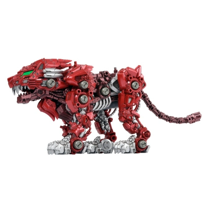  Red robotic tiger toy with green eyes and silver claws, posed in a walking stance.