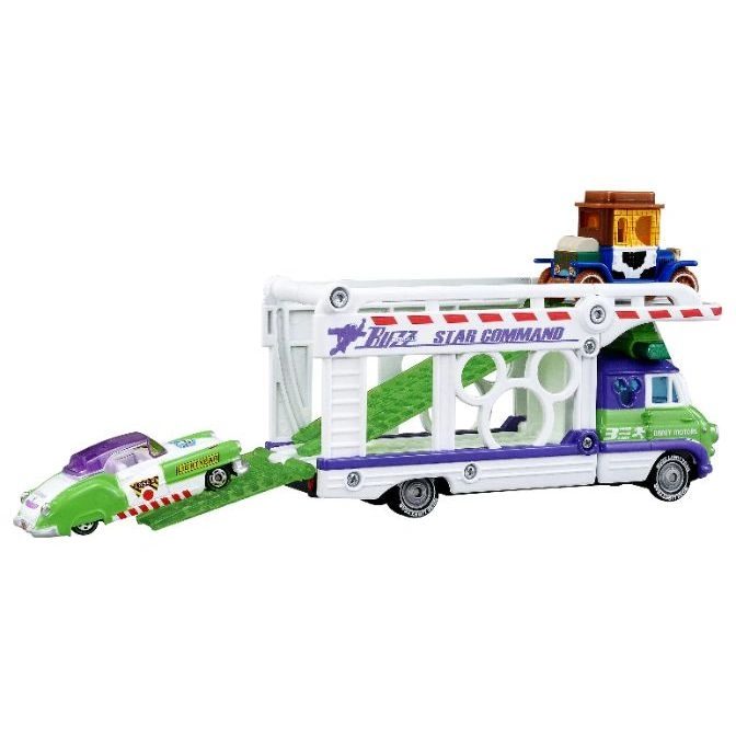  Buzz Lightyear car carrier toy with race car and antique car on top.