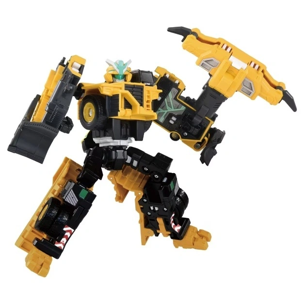 Yellow and black construction vehicle transformer toy in robot mode, arms raised.