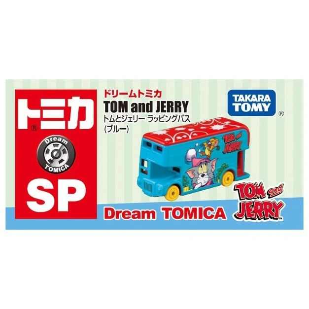  Tom and Jerry Dream Tomica bus toy, blue with character graphics, Takara Tomy brand.