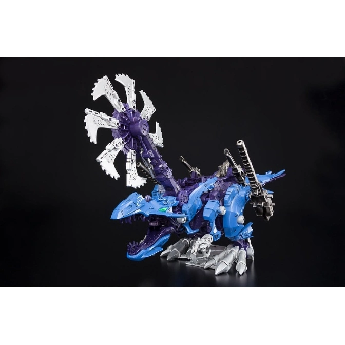  Blue and purple Zoids toy with a large white fan on its tail and multiple weapons.