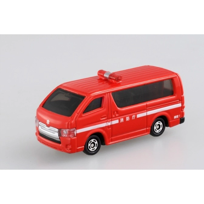  Red toy fire department van with white stripe and light bar.