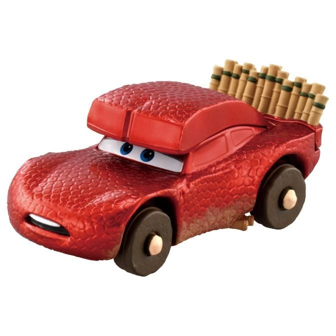 Red toy car with bamboo sticks on the back, resembling a character from the movie Cars.