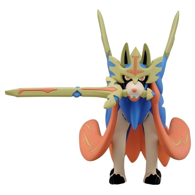  Zacian toy figure holding sword, blue and orange cape, standing.
