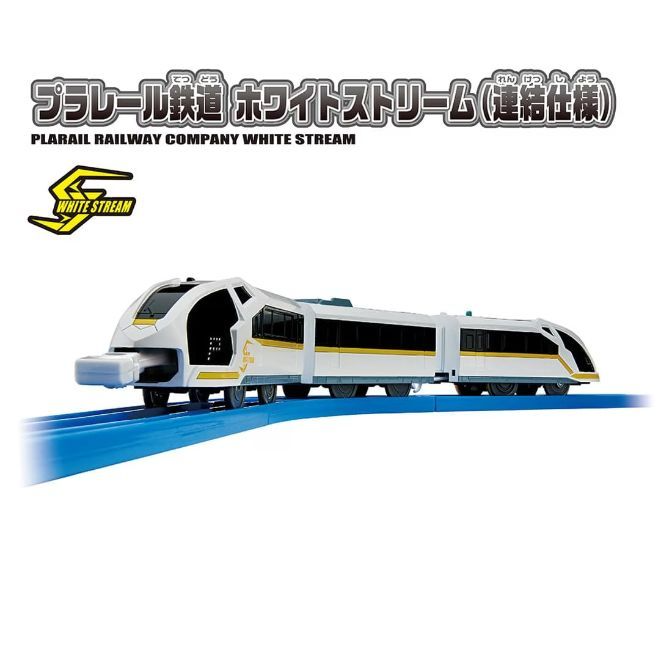  A white toy train on a blue track, with the words "Plarail Railway Company White Stream" above it.