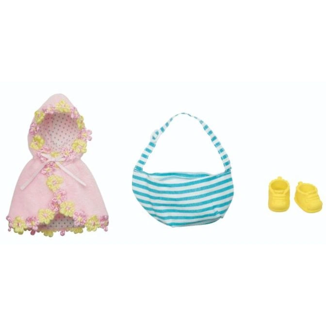 Doll clothes set: pink cape with floral trim, striped bag, and yellow shoes.