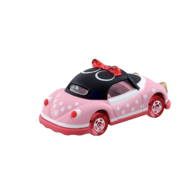  Pink Minnie Mouse toy car with white polka dots and a red bow.
