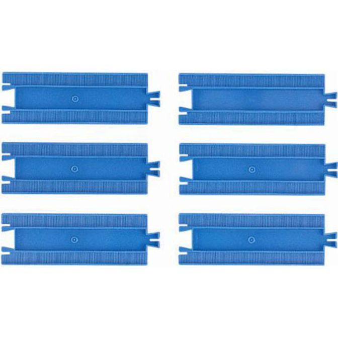 Six blue toy train tracks arranged in two columns and three rows.