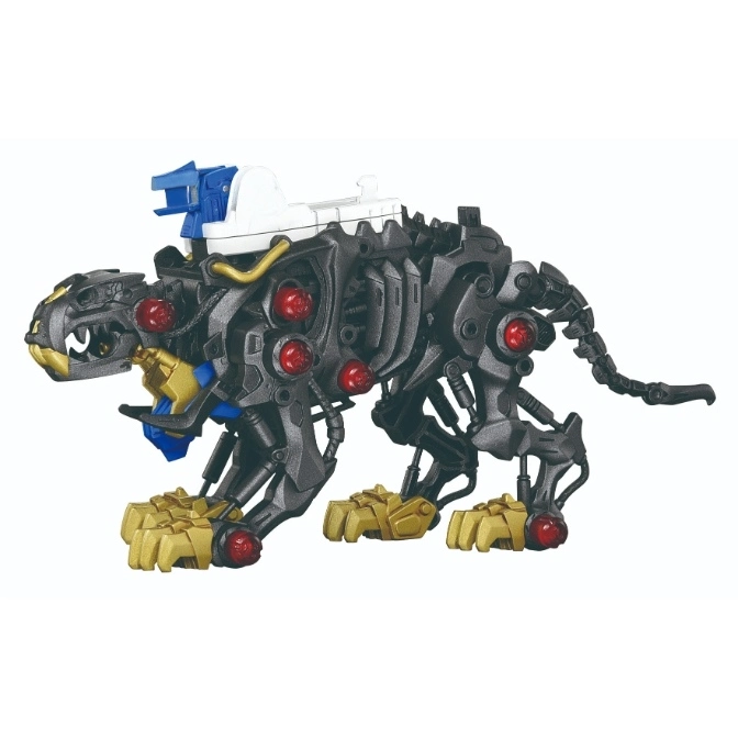  Black robotic tiger toy with gold accents and red lights, featuring a blue and white attachment on its back.