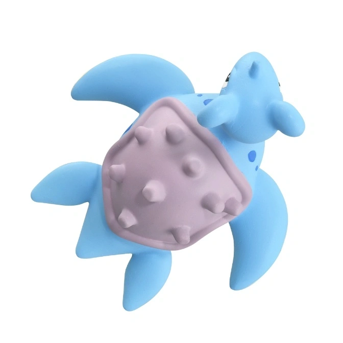  Blue turtle toy with a textured pink shell.