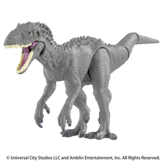 Gray Indominus Rex toy with an open mouth, showing teeth and pink inside.
