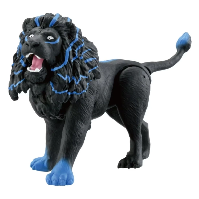 Black lion toy with blue mane, paws, and tail tip, mouth open.