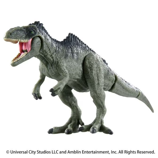  Gray dinosaur toy with open mouth showing pink tongue and white teeth.