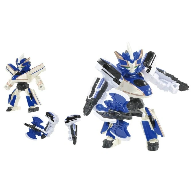  Blue and white toy robot with detachable parts, resembling a train.