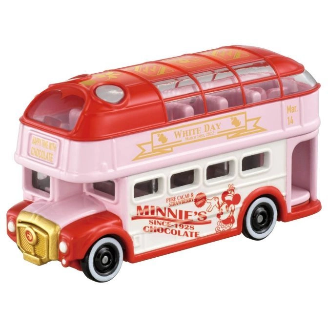 Pink Minnie Mouse double-decker toy bus with White Day and chocolate branding.