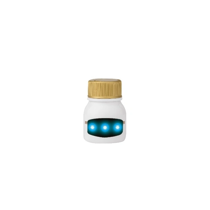  White toy bottle with gold cap and blue light-up eyes.