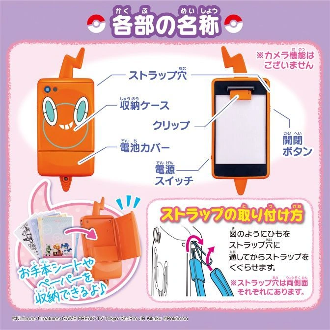  Rotom Phone toy diagram showing parts, strap attachment, and paper storage. No camera function.