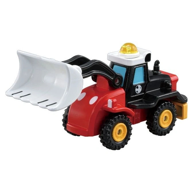Mickey Mouse-themed toy bulldozer with red body, black cab, white scoop, and yellow wheels.