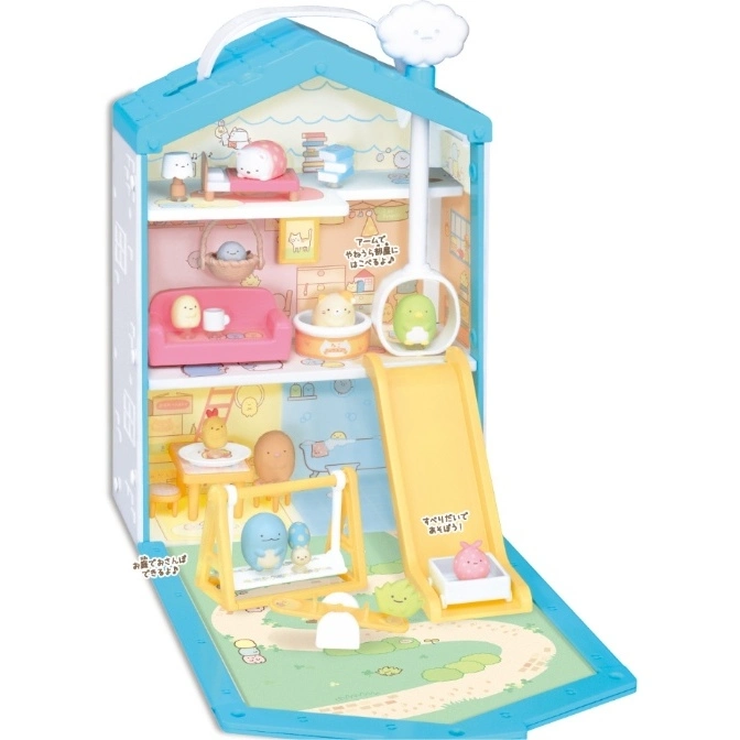 Sumikko Gurashi house playset with slide, swing, furniture, and character figures.