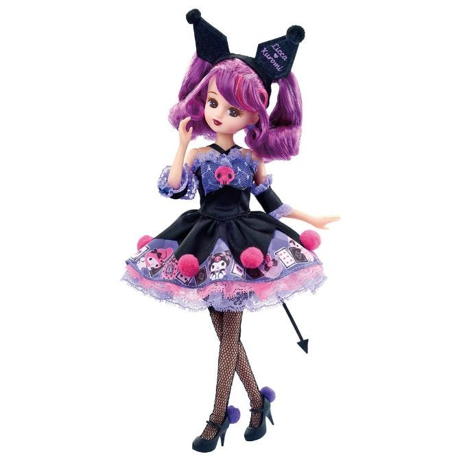 Kuromi doll with purple hair, black dress, fishnet stockings, and matching heels.