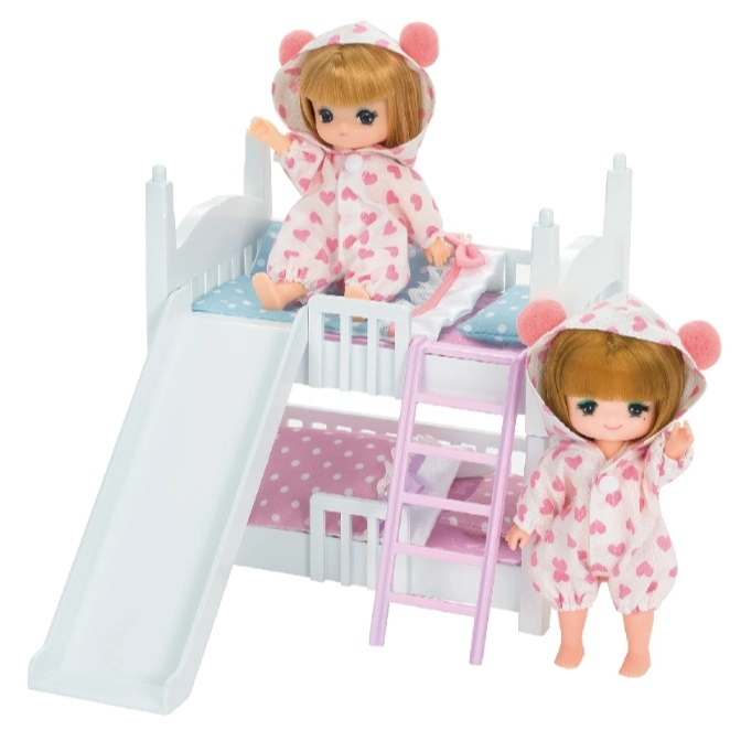 Doll bunk bed with slide and ladder, two dolls in heart-patterned pajamas with bear ear hoods.