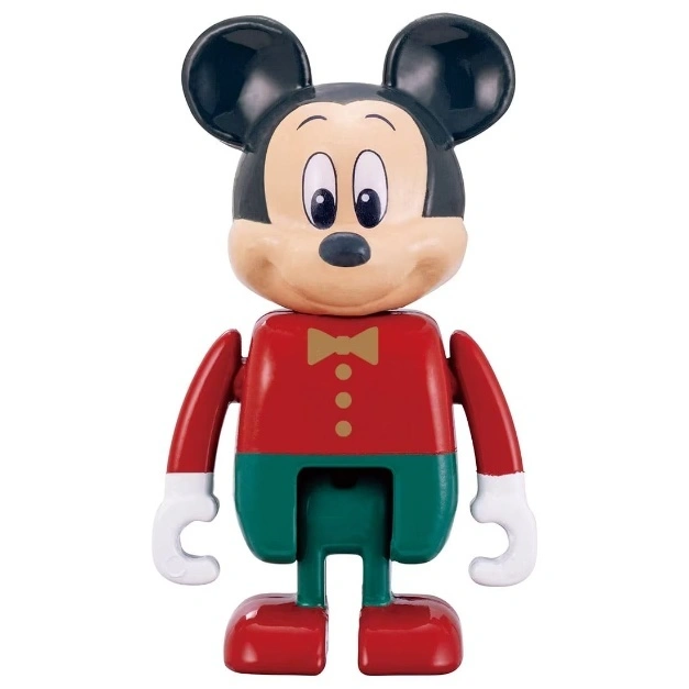 Mickey Mouse toy figure with red shirt, green pants, white gloves, and a gold bow tie.
