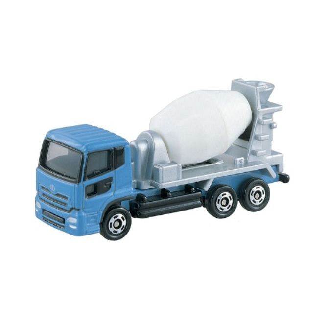 Blue toy cement mixer truck with white drum.